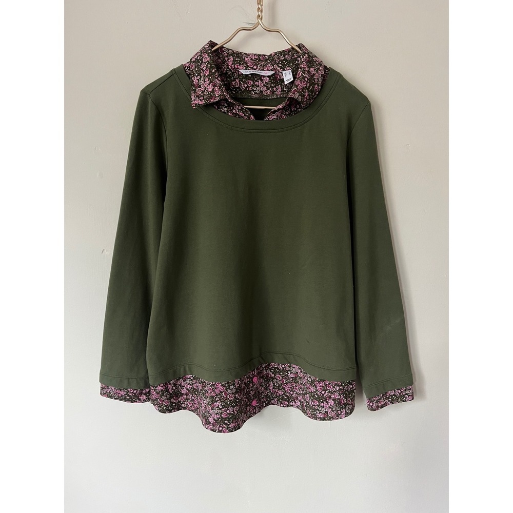 Isaac Mizrahi Live Olive Green Floral Layered Look 2-in-1 Top Sweatshirt Medium